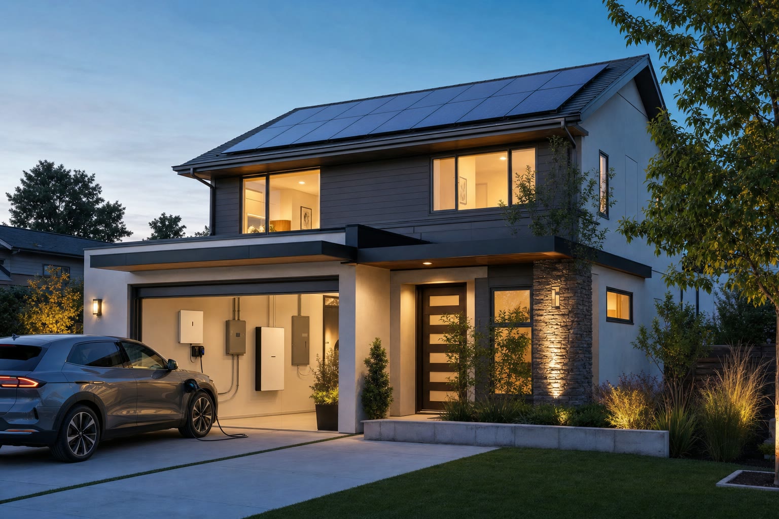 Modern home with rooftop solar, battery backup, electrical panel, and EV charging